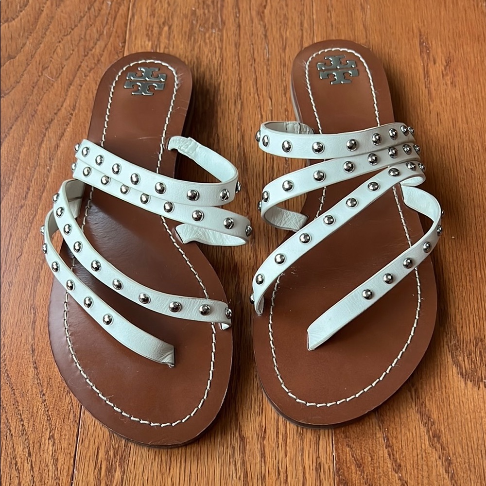 Tory Burch White Silver Studded Sandals
